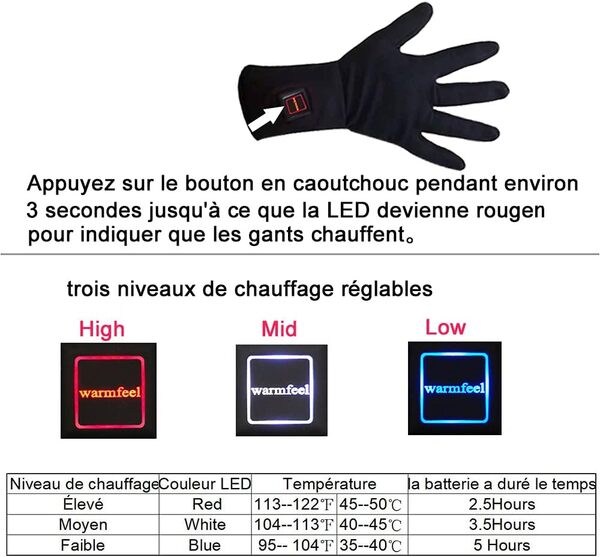 Gants Chauffants électriques Rechargeables pour Les Mains arthritiques, Gants Ultra-Fins Chauffants pour Les Mains à Conduire ou à vélo pour la pêche au Ski touchables à l’écran