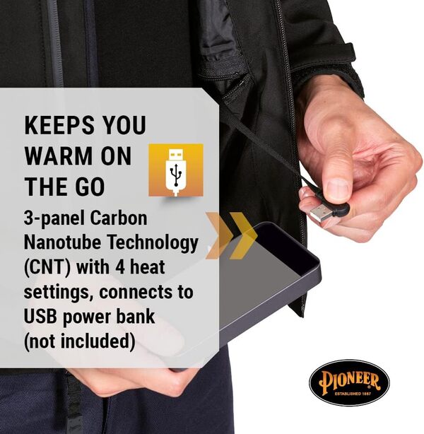 Pioneer Veste softshell chauffante pour homme - Résistante à l'eau avec capuche amovible - Banque d'alimentation non incluse (plusieurs couleurs)