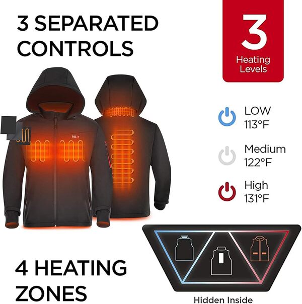 Veste chauffante pour homme, imperméable, coupe-vent, chaude, softshell, avec batterie QC3.0 14400 mAh, 3 températures réglables, vestes chauffantes électriques pour l'extérieur, la randonnée,