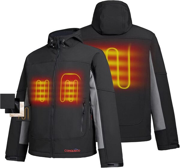 CONQUECO Homme Manteau Veste Chauffant électrique Chaud Imperméable Résistant avec Batterie au Froid en Hiver