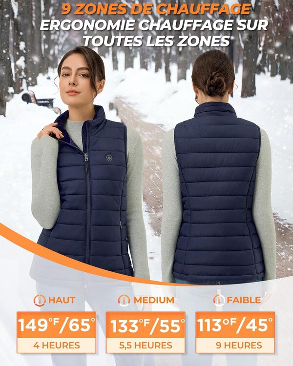 Gilet Chauffant Femme avec Batterie Incluse 7,4V 16000mAh,9 Zones de Chauffage Veste Femme,4 en 1 Interrupteur Intelligent,3 températures este chauffante légère pour femme pour Plein Air